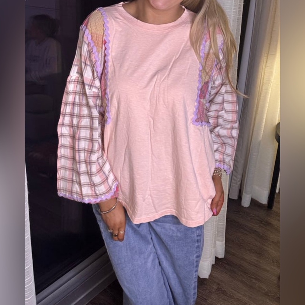 Easel Pink and Plaid Patchwork Blouse